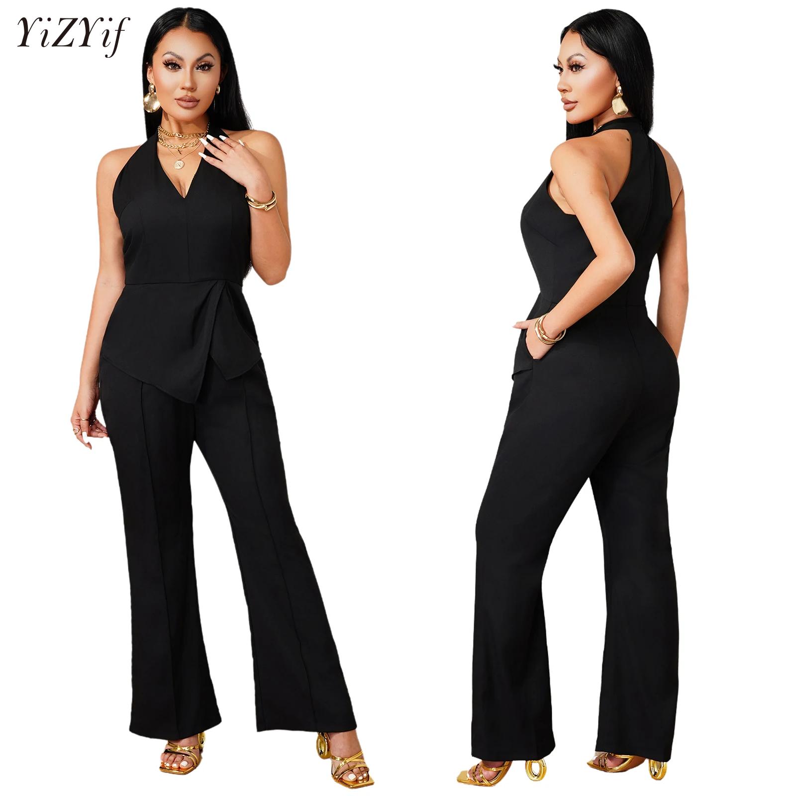 Women'S Formal Wear With Pants - Sleeveless V-neck Jumpsuit Asymmetric Draped Overlay