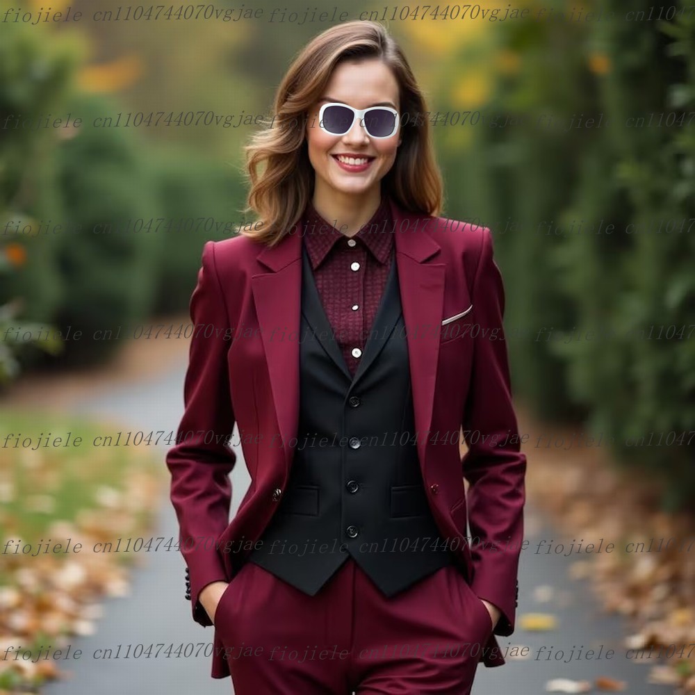 Burgundy And Black Formal Busi - Blazer Set Women Formal 评论和价格