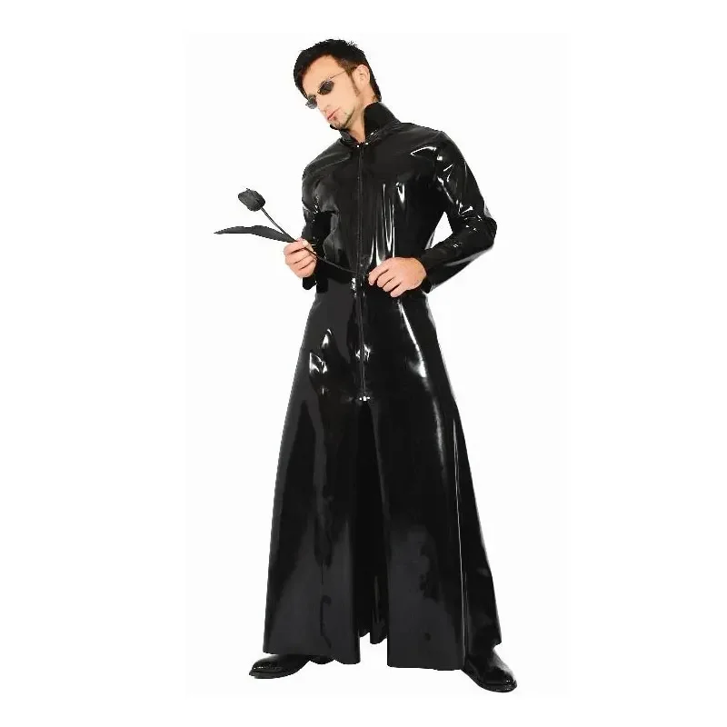 Unisex Black Long Glossy Leath - Trench Coat Formal 评论和价格