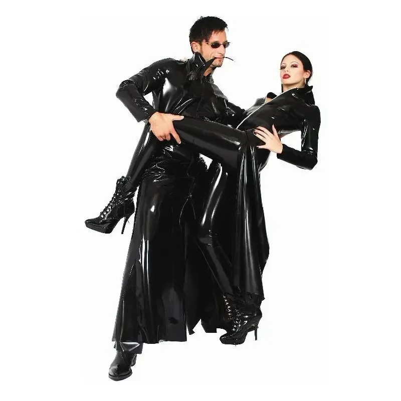 Unisex Black Long Glossy Leath - Trench Coat Formal 评论和价格