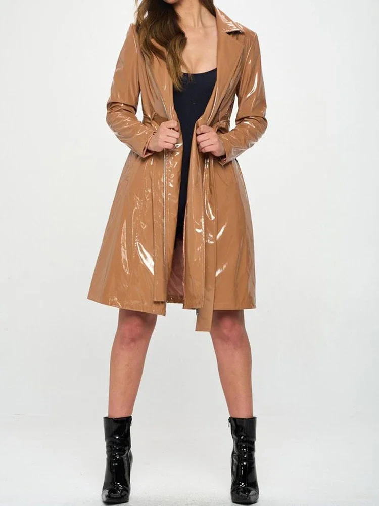 Women Shiny Faux Leather Tie U - Trench Coat Formal 评论和价格