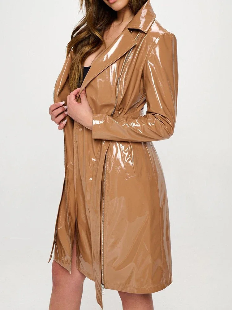 Women Shiny Faux Leather Tie U - Trench Coat Formal 评论和价格